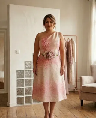 Vestido elegante brocado una manga Talla L