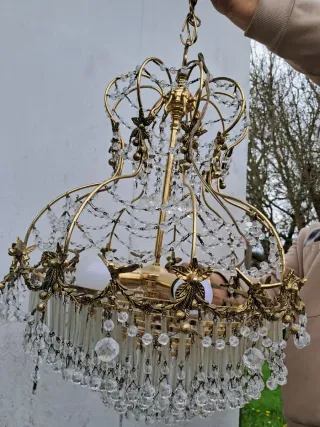 Lámpara Techo Vintage Corona Cristal Metal Dorado