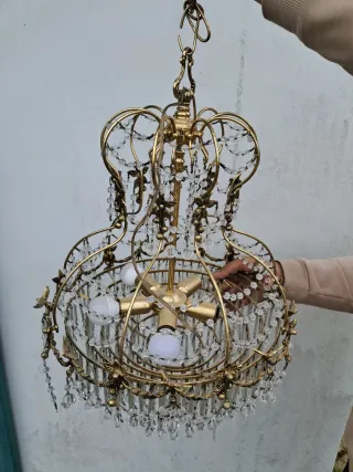 Lámpara Techo Vintage Corona Cristal Metal Dorado