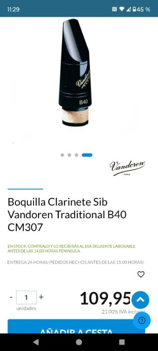 Boquilla Vandoren B40 para clarinete en Si bemol.