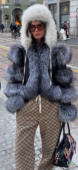 Chaqueta Piel y Zorro Negra/Gris