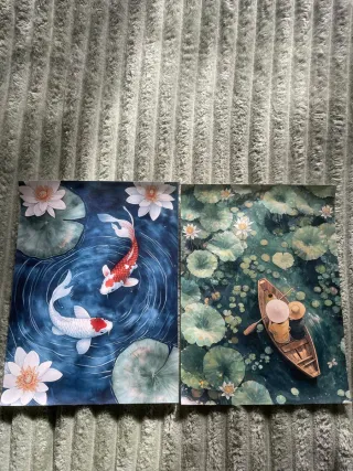Set 2 Stampe Tela Pesci Koi Fiori Loto