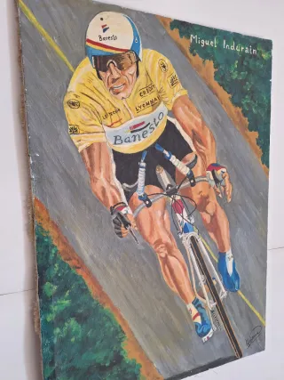 Cuadro al óleo antiguo ciclista Miguel Indurain