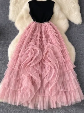 Falda larga rosa con volantes