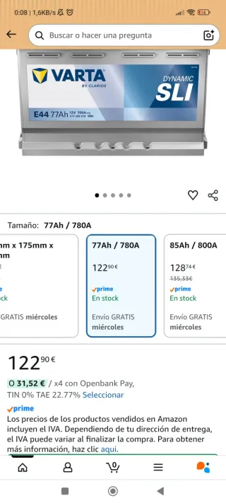 Batería VARTA E44 12V 77Ah / 780A