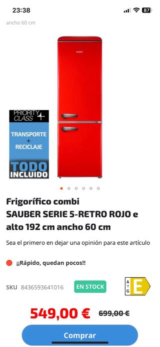 Nevera Sauber Retro Roja 192cm
