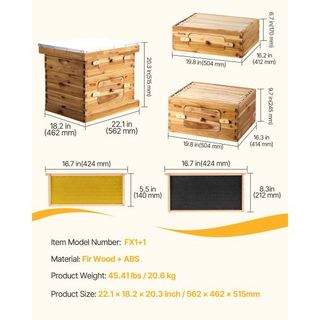 Kit de Inicio de Colmena de Abejas de 20 Marcos, Madera de Abeto Recubierta de Cera de Abeja, 1 Caja Profunda + 1 Caja Media, Kit de Colmena Langstroth, Ventanas Acrílicas Transparentes con Fundac...