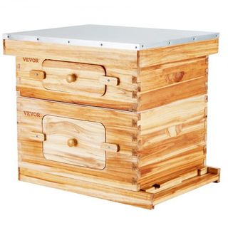 Kit de Inicio de Colmena de Abejas de 20 Marcos, Madera de Abeto Recubierta de Cera de Abeja, 1 Caja Profunda + 1 Caja Media, Kit de Colmena Langstroth, Ventanas Acrílicas Transparentes con Fundac...