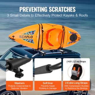 Portaequipajes para Kayak 1 Par J-Bar, Portaequipajes Suave, Amarre Superior, Transportador para kayak, Tabla de Surf, Canoa, SUP, Tabla de Esquí, Montaje en Coche, SUV, Camión, 1 Kayak