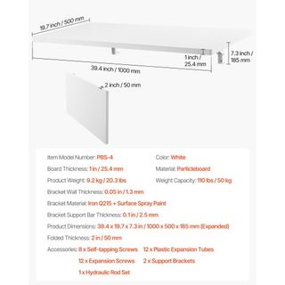 Mesa Plegable Montada en la Pared, 39.4 x 19.7 pulgadas Mesa de Montaje en la Pared, Escritorio Flotante con Soporte de Hierro, Escritorio Plegable para Espacios Pequeños, Oficina en Casa, Comedor...