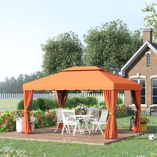 Gazebo da Giardino 4X3 M con Zanzariera e Tende, Gazebo da Esterno con Doppio Tetto con Copertura in Poliestere Anti UV e Struttura in Lega di Alluminio, Arancione