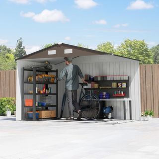 Caseta de Jardín 5M² de Acero Galvanizado con Kit de Fundación, Salidas de Aire, Cobertizo de Jardín con Techo Inclinado, Doble Puerta Corredera Bloqueable, Cobertizo para Herramientas, Marrón