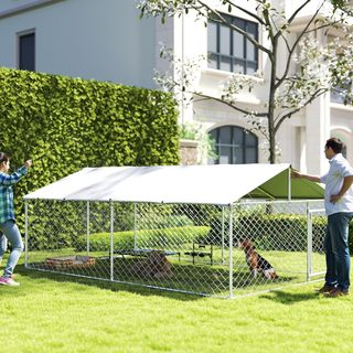 Kennel para Perros de Exterior, Recinto para Animales con Cubierta Impermeable, 400X230X150Cm, Plata y Gris