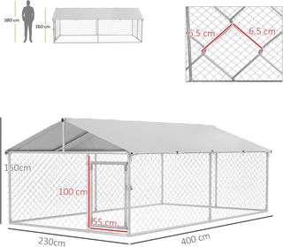 Kennel para Perros de Exterior, Recinto para Animales con Cubierta Impermeable, 400X230X150Cm, Plata y Gris