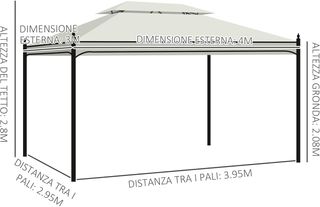 Gazebo De Jardín 3X4M De Acero Con Doble Techo Y 4 Cortinas Laterales Crema