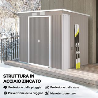 Caseta de Jardín 2.42M² en Acero Galvanizado con Kit de Fundación, Salidas de Aire, Cobertizo para Herramientas con Doble Puerta Corredera Bloqueable, Techo Inclinado, 213X130X172 Cm, Gris