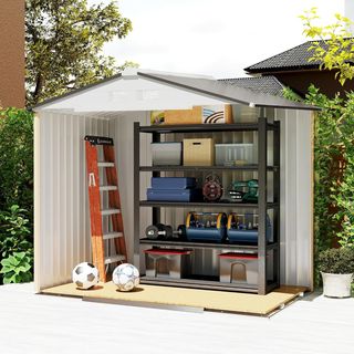 Caseta De Jardín 2.5M² De Acero Galvanizado Con Base Y Salidas De Aire, Cobertizo Para Herramientas Con Techo Inclinado, Doble Puertas Correderas Bloqueables, 213X130X185 Cm, Blanco Plateado
