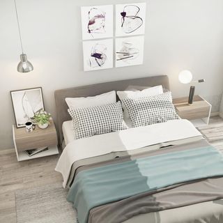 Set di 2 Comodini Sospesi a Parete con Cassetto e Mensola, Decorazione Moderna per Camera da Letto, Bianco e Rovere