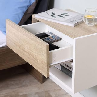 Set di 2 Comodini Sospesi a Parete con Cassetto e Mensola, Decorazione Moderna per Camera da Letto, Bianco e Rovere