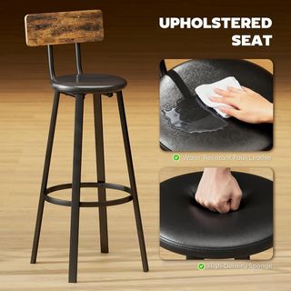 Conjunto de 2 Taburetes Altos de Bar con Respaldo, Taburetes de Cocina de Piel Sintética con Reposapiés, Sillas de Bar Altas Estilo Industrial para Sala de Estar, Comedor, Cocina, Marrón Rústico