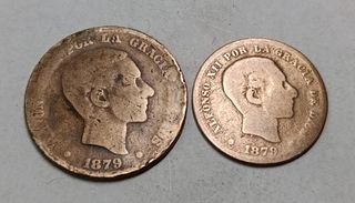 Lote 2 monedas 10 y 5 cent. Alfonso XII 1879