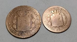 Lote 2 monedas 10 y 5 cent. Alfonso XII 1879
