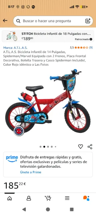 Bicicleta Spiderman 14 pulgadas con ruedines