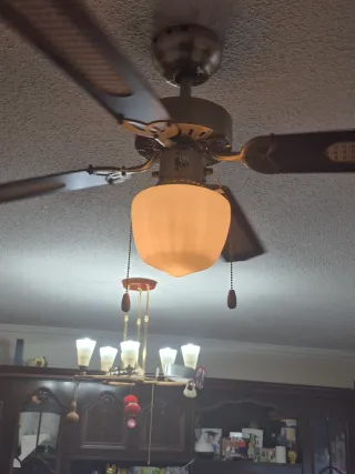 Lámpara Ventilador Techo Metal, Madera y Cristal