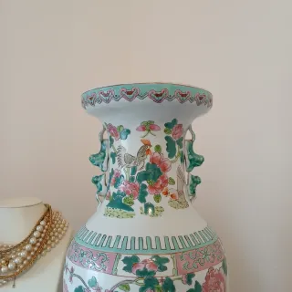 Jarrón Chino Rosa y Verde Porcelana