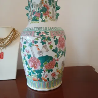Jarrón Chino Rosa y Verde Porcelana