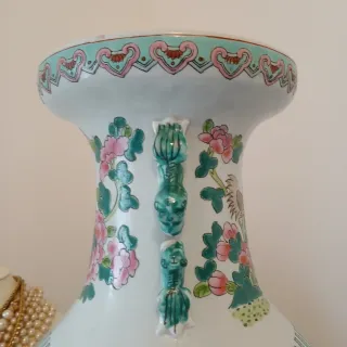 Jarrón Chino Rosa y Verde Porcelana