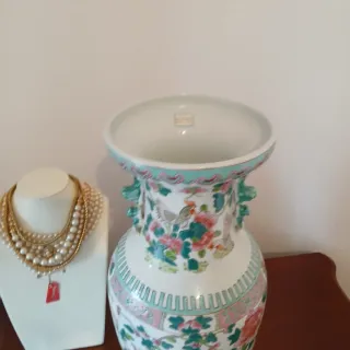 Jarrón Chino Rosa y Verde Porcelana