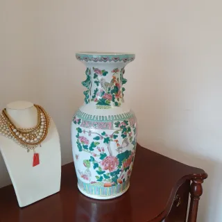 Jarrón Chino Rosa y Verde Porcelana