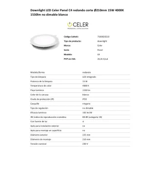 Panel LED CELER 17W Blanco 210mm