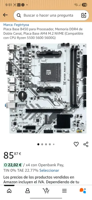 Placa Base MSI B450 AM4 DDR4