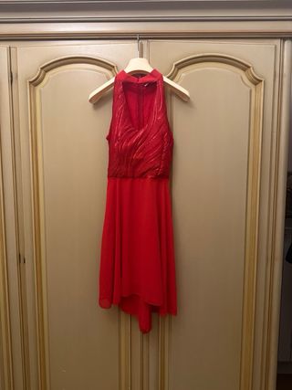 Abito da sera rosso asimmetrico paillettes