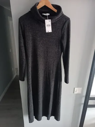 Vestido punto cuello alto gris Mango Talla M