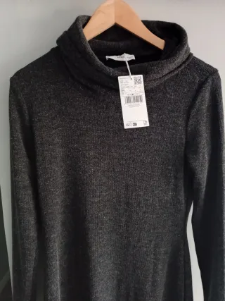 Vestido punto cuello alto gris Mango Talla M