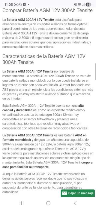Batería AGM 300ah Tensite CAMPER