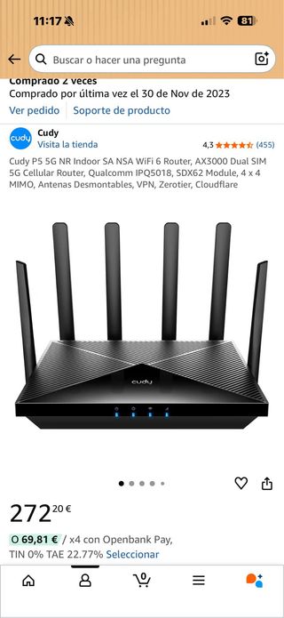 Cudy P5 Router WiFi 6 5G AX3000 garantia.