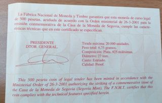 Moneda Plata 500 Pesetas Casa de la Moneda Segovia