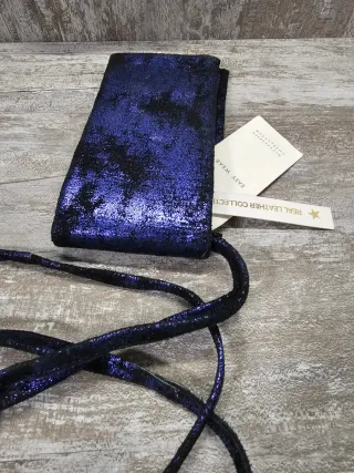 Bolso unisex de piel auténtica azul metálico