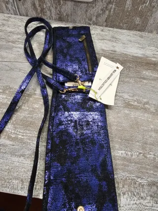 Bolso unisex de piel auténtica azul metálico