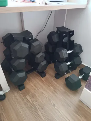 Juego Mancuernas Hexagonales nuevas + Carros