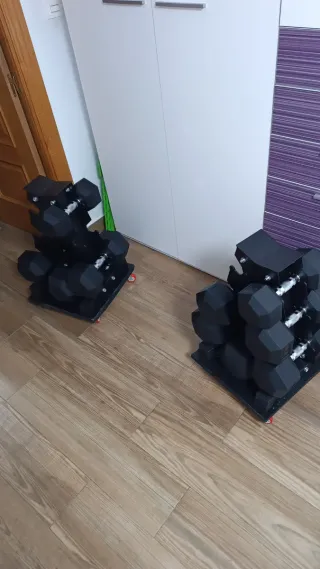 Juego Mancuernas Hexagonales nuevas + Carros