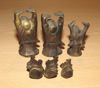 Escala 6 pesas ponderales Buda bronce Birmania XIX