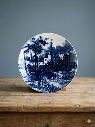 Plato antiguo decorado castillo azul