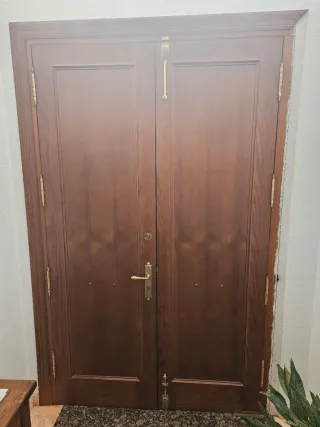 Puerta exterior madera con tiradores. Blindada