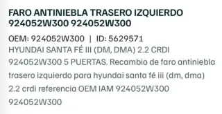Faro Antiniebla Trasero Izquierdo hyundai santa fe