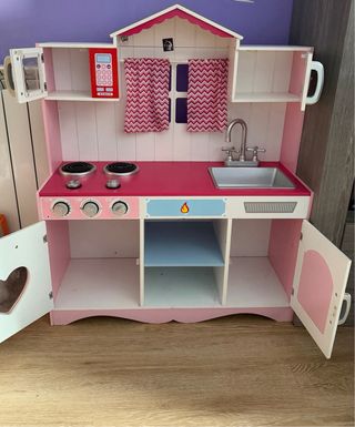 Cocinita de juguete rosa y blanca 82x30x100 cm